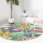 - RealHomes Dijital Baskılı Kaymaz Tabanlı Comfort Yuvarlak Halı - Realhomes Beyaz Zeminde Renkli Yaprak Desenli Dijital Baskılı Modern Outdoor Yıkanabilir Kaymaz Tabanlı Yuvarlak Halı Realhomes