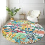 - RealHomes Dijital Baskılı Kaymaz Tabanlı Comfort Yuvarlak Halı - Realhomes Beyaz Zeminde Renkli Yaprak Desenli Dijital Baskılı Modern Outdoor Yıkanabilir Kaymaz Tabanlı Yuvarlak Halı Realhomes