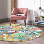 - RealHomes Dijital Baskılı Kaymaz Tabanlı Comfort Yuvarlak Halı - Realhomes Beyaz Zeminde Renkli Yaprak Desenli Dijital Baskılı Modern Outdoor Yıkanabilir Kaymaz Tabanlı Yuvarlak Halı Realhomes