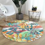 - RealHomes Dijital Baskılı Kaymaz Tabanlı Comfort Yuvarlak Halı - Realhomes Beyaz Zeminde Renkli Yaprak Desenli Dijital Baskılı Modern Outdoor Yıkanabilir Kaymaz Tabanlı Yuvarlak Halı Realhomes