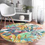 - RealHomes Dijital Baskılı Kaymaz Tabanlı Comfort Yuvarlak Halı - Realhomes Beyaz Zeminde Renkli Yaprak Desenli Dijital Baskılı Modern Outdoor Yıkanabilir Kaymaz Tabanlı Yuvarlak Halı Realhomes