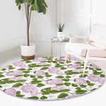 Beyaz Zeminde Yeşil Yapraklı Çiçek Desenli Dijital Baskılı Modern Pembe Salon ve Oturma Odası Kaymaz Tabanlı Yuvarlak Halı Realhomes