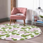 Beyaz Zeminde Yeşil Yapraklı Çiçek Desenli Dijital Baskılı Modern Pembe Salon ve Oturma Odası Kaymaz Tabanlı Yuvarlak Halı Realhomes