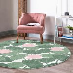 - RealHomes Dijital Baskılı Kaymaz Tabanlı Comfort Yuvarlak Halı - Realhomes  Beyaz Zeminde Yeşil Yaprak Desenli Dijital Baskılı Modern Koridor ve Antre Yıkanabilir Kaymaz Tabanlı Yuvarlak Halı Realhomes