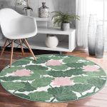 - RealHomes Dijital Baskılı Kaymaz Tabanlı Comfort Yuvarlak Halı - Realhomes  Beyaz Zeminde Yeşil Yaprak Desenli Dijital Baskılı Modern Koridor ve Antre Yıkanabilir Kaymaz Tabanlı Yuvarlak Halı Realhomes