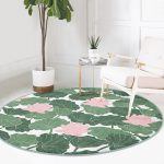 - RealHomes Dijital Baskılı Kaymaz Tabanlı Comfort Yuvarlak Halı - Realhomes  Beyaz Zeminde Yeşil Yaprak Desenli Dijital Baskılı Modern Koridor ve Antre Yıkanabilir Kaymaz Tabanlı Yuvarlak Halı Realhomes