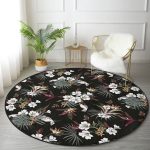 - RealHomes Dijital Baskılı Kaymaz Tabanlı Comfort Yuvarlak Halı - Realhomes  Siyah Zeminde Beyaz Çiçek Desenli Dijital Baskılı Modern Salon ve Oturma Odası Yıkanabilir Kaymaz Tabanlı Yuvarlak Halı Realhomes