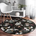 - RealHomes Dijital Baskılı Kaymaz Tabanlı Comfort Yuvarlak Halı - Realhomes  Siyah Zeminde Beyaz Çiçek Desenli Dijital Baskılı Modern Salon ve Oturma Odası Yıkanabilir Kaymaz Tabanlı Yuvarlak Halı Realhomes