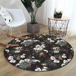 - RealHomes Dijital Baskılı Kaymaz Tabanlı Comfort Yuvarlak Halı - Realhomes  Siyah Zeminde Beyaz Çiçek Desenli Dijital Baskılı Modern Salon ve Oturma Odası Yıkanabilir Kaymaz Tabanlı Yuvarlak Halı Realhomes