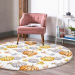 Beyaz Zeminde Bal Kabağı Desenli Dijital Baskılı Modern Turuncu Koridor ve Antre Yıkanabilir Kaymaz Tabanlı Yuvarlak Halı Realhomes