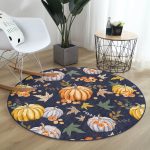 - RealHomes Dijital Baskılı Kaymaz Tabanlı Comfort Yuvarlak Halı - Realhomes Renkli Zeminde Bal Kabağı Desenli Dijital Baskılı Modern Turuncu Koridor ve Antre Yıkanabilir Kaymaz Tabanlı Yuvarlak Halı Realhomes