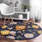 - RealHomes Dijital Baskılı Kaymaz Tabanlı Comfort Yuvarlak Halı - Realhomes Renkli Zeminde Bal Kabağı Desenli Dijital Baskılı Modern Turuncu Koridor ve Antre Yıkanabilir Kaymaz Tabanlı Yuvarlak Halı Realhomes