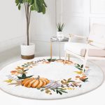 - RealHomes Dijital Baskılı Kaymaz Tabanlı Comfort Yuvarlak Halı - Realhomes  Beyaz Zeminde Bal Kabağı Desenli Dijital Baskılı Modern Turuncu Koridor ve Antre Yıkanabilir Kaymaz Tabanlı Yuvarlak Halı Realhomes