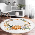 - RealHomes Dijital Baskılı Kaymaz Tabanlı Comfort Yuvarlak Halı - Realhomes  Beyaz Zeminde Bal Kabağı Desenli Dijital Baskılı Modern Turuncu Koridor ve Antre Yıkanabilir Kaymaz Tabanlı Yuvarlak Halı Realhomes