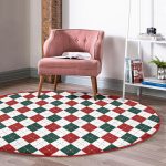 - RealHomes Dijital Baskılı Kaymaz Tabanlı Comfort Yuvarlak Halı - Realhomes  Beyaz Zeminde Bordo Ve Yeşil Ekose Desenli Dijital Baskılı Modern Ofis Yıkanabilir Kaymaz Tabanlı Yuvarlak Halı Realhomes