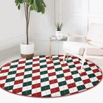- RealHomes Dijital Baskılı Kaymaz Tabanlı Comfort Yuvarlak Halı - Realhomes  Beyaz Zeminde Bordo Ve Yeşil Ekose Desenli Dijital Baskılı Modern Ofis Yıkanabilir Kaymaz Tabanlı Yuvarlak Halı Realhomes