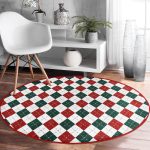 - RealHomes Dijital Baskılı Kaymaz Tabanlı Comfort Yuvarlak Halı - Realhomes  Beyaz Zeminde Bordo Ve Yeşil Ekose Desenli Dijital Baskılı Modern Ofis Yıkanabilir Kaymaz Tabanlı Yuvarlak Halı Realhomes