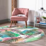 - RealHomes Dijital Baskılı Kaymaz Tabanlı Comfort Yuvarlak Halı - Realhomes  Beyaz Zeminde Renkli Soyut Çizimli Yaprak Desenli Dijital Baskılı Modern Koridor ve Antre Kaymaz Tabanlı Yuvarlak Halı Realhomes