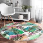 - RealHomes Dijital Baskılı Kaymaz Tabanlı Comfort Yuvarlak Halı - Realhomes  Beyaz Zeminde Renkli Soyut Çizimli Yaprak Desenli Dijital Baskılı Modern Koridor ve Antre Kaymaz Tabanlı Yuvarlak Halı Realhomes