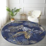 - RealHomes Dijital Baskılı Kaymaz Tabanlı Comfort Yuvarlak Halı - Realhomes  Mavi Zeminde Gold Detaylı Yaprak Desenli Dijital Baskılı Modern Lacivert Salon ve Oturma Odası Kaymaz Tabanlı Yuvarlak Halı Realhomes