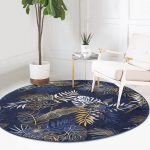 - RealHomes Dijital Baskılı Kaymaz Tabanlı Comfort Yuvarlak Halı - Realhomes  Mavi Zeminde Gold Detaylı Yaprak Desenli Dijital Baskılı Modern Lacivert Salon ve Oturma Odası Kaymaz Tabanlı Yuvarlak Halı Realhomes