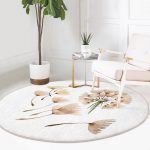 - RealHomes Dijital Baskılı Kaymaz Tabanlı Comfort Yuvarlak Halı - Realhomes  Beyaz Zeminde Çiçek Desenli Dijital Baskılı Modern Krem Koridor ve Antre Yıkanabilir Kaymaz Tabanlı Yuvarlak Halı Realhomes