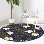 - RealHomes Dijital Baskılı Kaymaz Tabanlı Comfort Yuvarlak Halı - Realhomes  Renkli Zeminde Gold Detaylı Yaprak Desenli Dijital Baskılı Modern Lacivert Salon ve Oturma Odası Kaymaz Tabanlı Yuvarlak Halı Realhomes