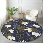 - RealHomes Dijital Baskılı Kaymaz Tabanlı Comfort Yuvarlak Halı - Realhomes  Renkli Zeminde Gold Detaylı Yaprak Desenli Dijital Baskılı Modern Lacivert Salon ve Oturma Odası Kaymaz Tabanlı Yuvarlak Halı Realhomes