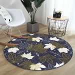 - RealHomes Dijital Baskılı Kaymaz Tabanlı Comfort Yuvarlak Halı - Realhomes  Renkli Zeminde Gold Detaylı Yaprak Desenli Dijital Baskılı Modern Lacivert Salon ve Oturma Odası Kaymaz Tabanlı Yuvarlak Halı Realhomes