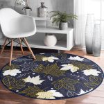 - RealHomes Dijital Baskılı Kaymaz Tabanlı Comfort Yuvarlak Halı - Realhomes  Renkli Zeminde Gold Detaylı Yaprak Desenli Dijital Baskılı Modern Lacivert Salon ve Oturma Odası Kaymaz Tabanlı Yuvarlak Halı Realhomes