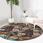 - RealHomes Dijital Baskılı Kaymaz Tabanlı Comfort Yuvarlak Halı - Realhomes  Siyah Zeminde Yaprak Desenli Dijital Baskılı Modern Renkli Outdoor Yıkanabilir Kaymaz Tabanlı Yuvarlak Halı Realhomes