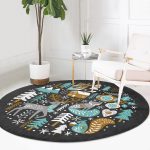 Pastel Zeminde Yılbaşı Desenli Dijital Baskılı Modern Lacivert Salon ve Oturma Odası Yıkanabilir Kaymaz Tabanlı Yuvarlak Halı Realhomes