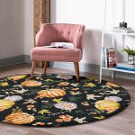 - RealHomes Dijital Baskılı Kaymaz Tabanlı Comfort Yuvarlak Halı - Realhomes  Siyah Zeminde Bal Kabağı Desenli Dijital Baskılı Modern Turuncu Koridor ve Antre Yıkanabilir Kaymaz Tabanlı Yuvarlak Halı Realhomes