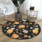 - RealHomes Dijital Baskılı Kaymaz Tabanlı Comfort Yuvarlak Halı - Realhomes  Siyah Zeminde Bal Kabağı Desenli Dijital Baskılı Modern Turuncu Koridor ve Antre Yıkanabilir Kaymaz Tabanlı Yuvarlak Halı Realhomes