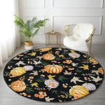 - RealHomes Dijital Baskılı Kaymaz Tabanlı Comfort Yuvarlak Halı - Realhomes  Siyah Zeminde Bal Kabağı Desenli Dijital Baskılı Modern Turuncu Koridor ve Antre Yıkanabilir Kaymaz Tabanlı Yuvarlak Halı Realhomes