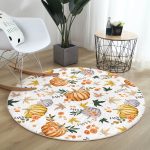 - RealHomes Dijital Baskılı Kaymaz Tabanlı Comfort Yuvarlak Halı - Realhomes  Beyaz Zeminde Bal Kabağı Desenli Dijital Baskılı Modern Turuncu Koridor ve Antre Yıkanabilir Kaymaz Tabanlı Yuvarlak Halı Realhomes
