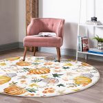 - RealHomes Dijital Baskılı Kaymaz Tabanlı Comfort Yuvarlak Halı - Realhomes  Beyaz Zeminde Bal Kabağı Desenli Dijital Baskılı Modern Turuncu Koridor ve Antre Yıkanabilir Kaymaz Tabanlı Yuvarlak Halı Realhomes