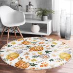 - RealHomes Dijital Baskılı Kaymaz Tabanlı Comfort Yuvarlak Halı - Realhomes  Beyaz Zeminde Bal Kabağı Desenli Dijital Baskılı Modern Turuncu Koridor ve Antre Yıkanabilir Kaymaz Tabanlı Yuvarlak Halı Realhomes