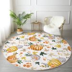 - RealHomes Dijital Baskılı Kaymaz Tabanlı Comfort Yuvarlak Halı - Realhomes  Beyaz Zeminde Bal Kabağı Desenli Dijital Baskılı Modern Turuncu Koridor ve Antre Yıkanabilir Kaymaz Tabanlı Yuvarlak Halı Realhomes