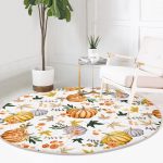 - RealHomes Dijital Baskılı Kaymaz Tabanlı Comfort Yuvarlak Halı - Realhomes  Beyaz Zeminde Bal Kabağı Desenli Dijital Baskılı Modern Turuncu Koridor ve Antre Yıkanabilir Kaymaz Tabanlı Yuvarlak Halı Realhomes