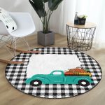 - RealHomes Dijital Baskılı Kaymaz Tabanlı Comfort Yuvarlak Halı - Realhomes  Ekose Çerçeve Üzerinde Bal Kabaklı Araba Dijital Baskılı Modern Turkuaz Balkon Yıkanabilir Kaymaz Tabanlı Yuvarlak Halı Realhomes