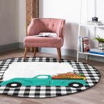 - RealHomes Dijital Baskılı Kaymaz Tabanlı Comfort Yuvarlak Halı - Realhomes  Ekose Çerçeve Üzerinde Bal Kabaklı Araba Dijital Baskılı Modern Turkuaz Balkon Yıkanabilir Kaymaz Tabanlı Yuvarlak Halı Realhomes