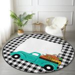 - RealHomes Dijital Baskılı Kaymaz Tabanlı Comfort Yuvarlak Halı - Realhomes  Ekose Çerçeve Üzerinde Bal Kabaklı Araba Dijital Baskılı Modern Turkuaz Balkon Yıkanabilir Kaymaz Tabanlı Yuvarlak Halı Realhomes