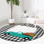 - RealHomes Dijital Baskılı Kaymaz Tabanlı Comfort Yuvarlak Halı - Realhomes  Ekose Çerçeve Üzerinde Bal Kabaklı Araba Dijital Baskılı Modern Turkuaz Balkon Yıkanabilir Kaymaz Tabanlı Yuvarlak Halı Realhomes