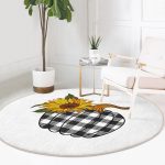 - RealHomes Dijital Baskılı Kaymaz Tabanlı Comfort Yuvarlak Halı - Realhomes  Beyaz Zeminde Ayçiçek Desenli Ekoseli Balkabağı Dijital Baskılı Modern Gold Balkon Yıkanabilir Kaymaz Tabanlı Yuvarlak Halı Realhomes