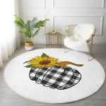 - RealHomes Dijital Baskılı Kaymaz Tabanlı Comfort Yuvarlak Halı - Realhomes  Beyaz Zeminde Ayçiçek Desenli Ekoseli Balkabağı Dijital Baskılı Modern Gold Balkon Yıkanabilir Kaymaz Tabanlı Yuvarlak Halı Realhomes