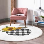 - RealHomes Dijital Baskılı Kaymaz Tabanlı Comfort Yuvarlak Halı - Realhomes  Beyaz Zeminde Ayçiçek Desenli Ekoseli Balkabağı Dijital Baskılı Modern Gold Balkon Yıkanabilir Kaymaz Tabanlı Yuvarlak Halı Realhomes