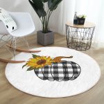 - RealHomes Dijital Baskılı Kaymaz Tabanlı Comfort Yuvarlak Halı - Realhomes  Beyaz Zeminde Ayçiçek Desenli Ekoseli Balkabağı Dijital Baskılı Modern Gold Balkon Yıkanabilir Kaymaz Tabanlı Yuvarlak Halı Realhomes