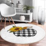 - RealHomes Dijital Baskılı Kaymaz Tabanlı Comfort Yuvarlak Halı - Realhomes  Beyaz Zeminde Ayçiçek Desenli Ekoseli Balkabağı Dijital Baskılı Modern Gold Balkon Yıkanabilir Kaymaz Tabanlı Yuvarlak Halı Realhomes