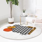 - RealHomes Dijital Baskılı Kaymaz Tabanlı Comfort Yuvarlak Halı - Realhomes  Beyaz Zeminde Ekose Desenli Bal Kabağı Motifli Dijital Baskılı Modern Turuncu Balkon Yıkanabilir Kaymaz Tabanlı Yuvarlak Halı Realhomes